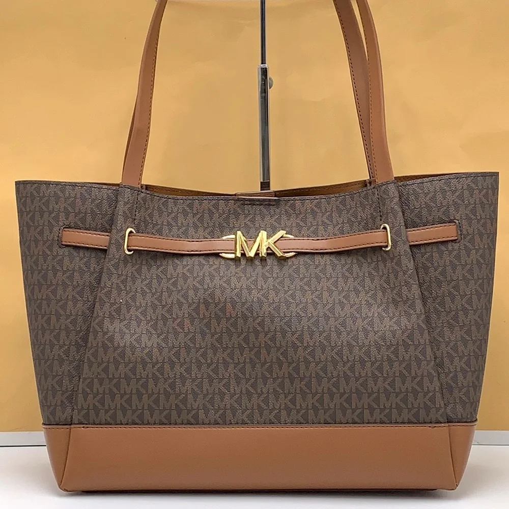MICHAEL KORS REED Large BELTED Logo Tote Bag BROWN SIGNATURE COLOR